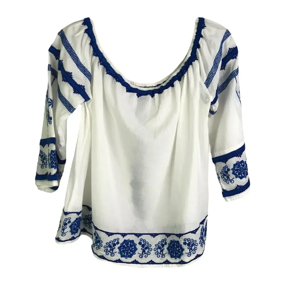 Love Sam Wns Boho Top White One Sz Embroidered Blue Floral‎ Elastic Off Shoulder